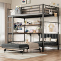 Twin Loft Bed with Matteress, Heavy Duty Metal Bunk Bed Frame with Pull-Out Folding Bed and Desk, Dual-Access Bed, Charging Station, 2-Tier Adjustable Shelves, Safety Guard Rail & Ladder (Dark Black)