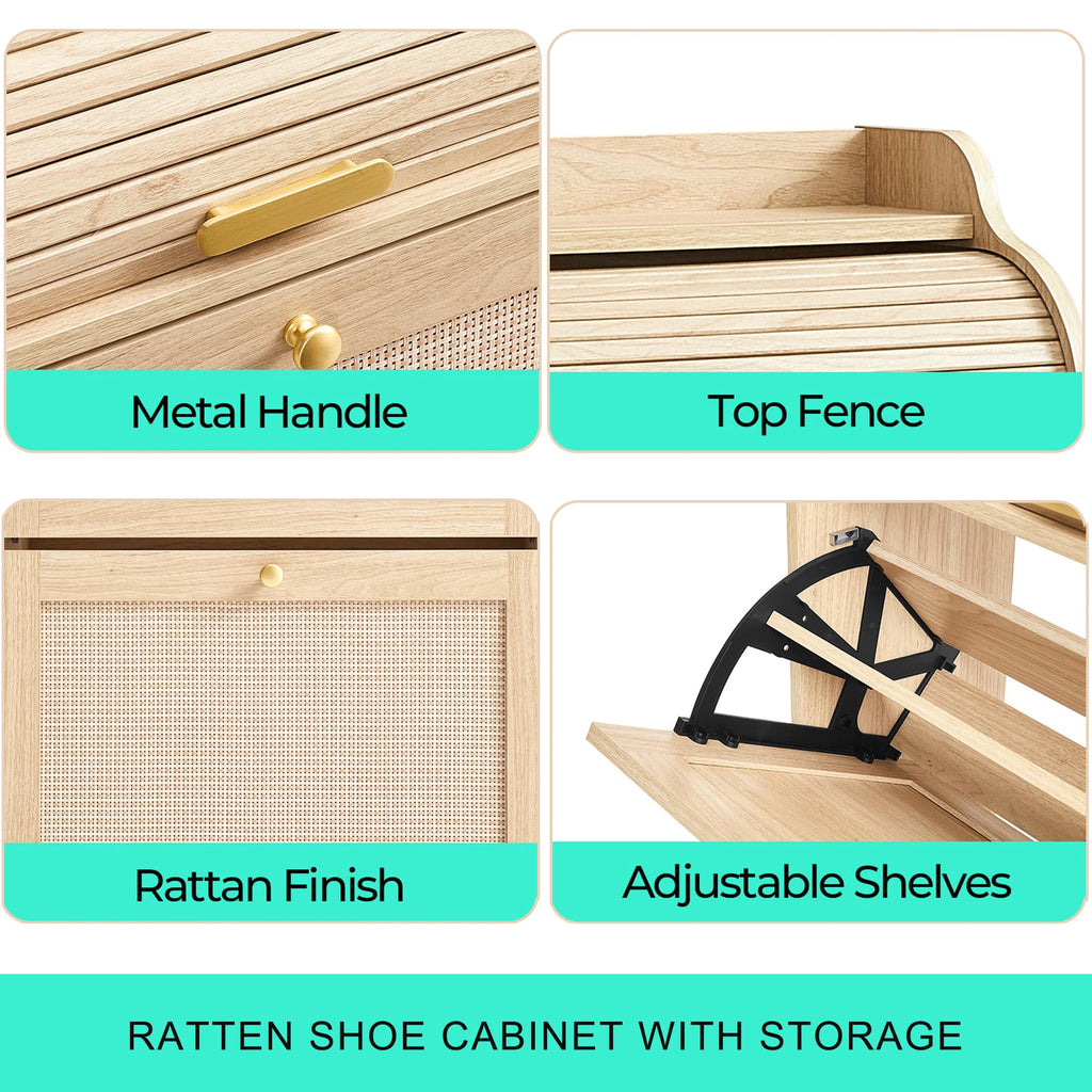 LINSY Shoe Storage Cabinet, Rattan Shoe Cabinet Wood Shoes Rack Cabinets with Sliding Tambour Door, Large Flip Drawer Shoe Cabinet Boho Hidden Shoe Storage for Entryway, Front Door, Hallway, Oak