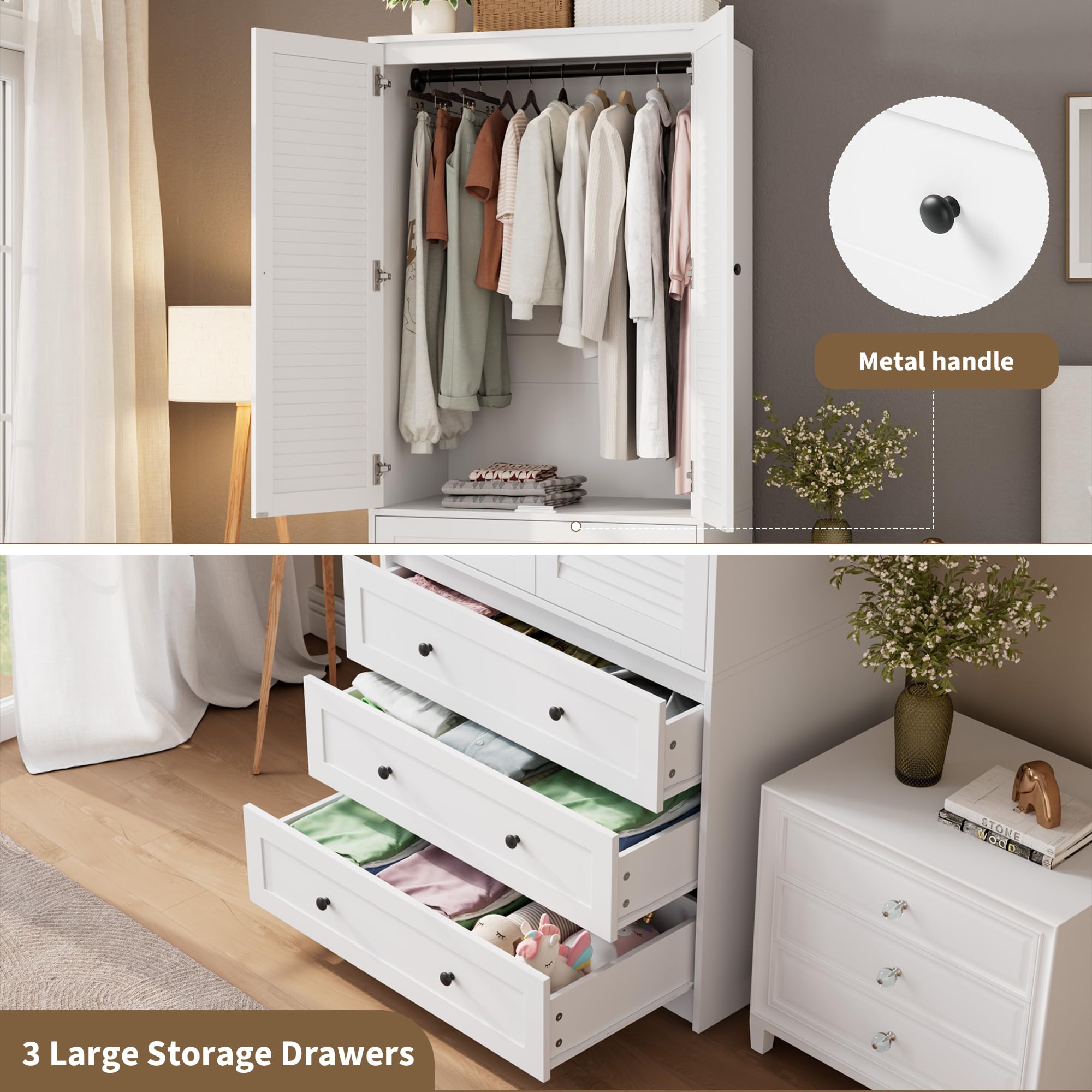 GarveeHome Armoire Wardrobe Closet with Drawers, 69.5 in Wooden Wardrobe Cabinet with Hanging Rod, 2 Doors Clothing Storage Cabinet for Bedroom, Large Capacity Storage, Louvered Door, White