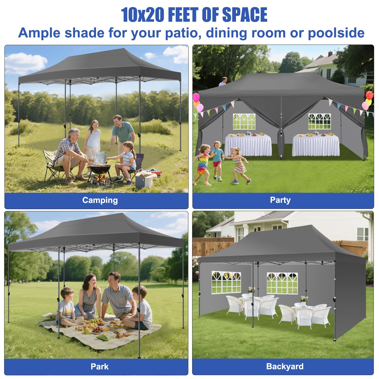 Yesker 10x20 Pop Up Canopy Tent with Sidewalls Instant Outdoor Canopy, Waterproof & UV Protection, Easy Setup Adjustable Height Heavy Duty Shelter Gazebo Tent for Patio Backyard Party Events, Gray