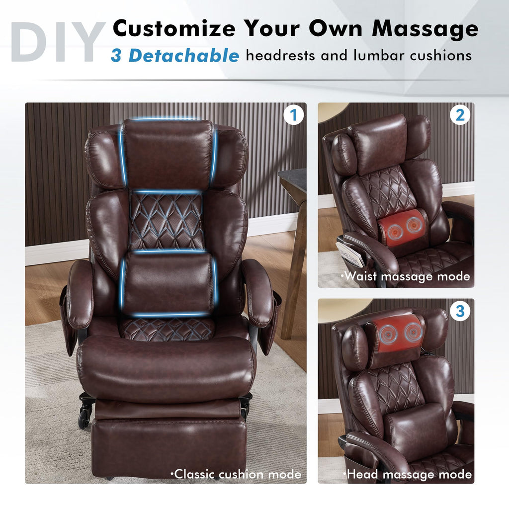 Big and Tall Ergonomic Office Chair with Footrest, Massage Cushion, Heavy Duty Lumbar Support Executive Desk Chair with Adjustable Headrest, High Back Reclining Computer Chair 500lbs, Leather, Brown