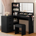 YESHOMY Vanity Desk with Lights and Mirror, L Shaped Makeup Table, Dresser with Hairdryer Holder and Power Outlet, Adjustable 3 Lighting Modes, 5 Drawers and Adjustabled Open Storage Shelves, Black