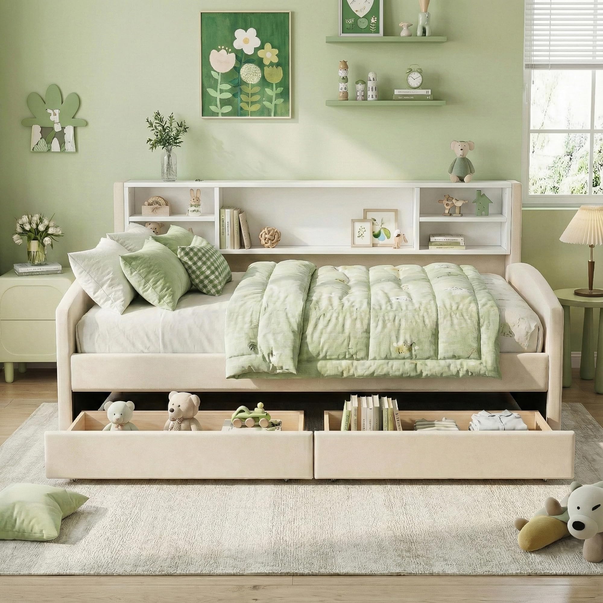 Merax Twin Size Upholstered Platform Bed with Storage and Drawers, Beige
