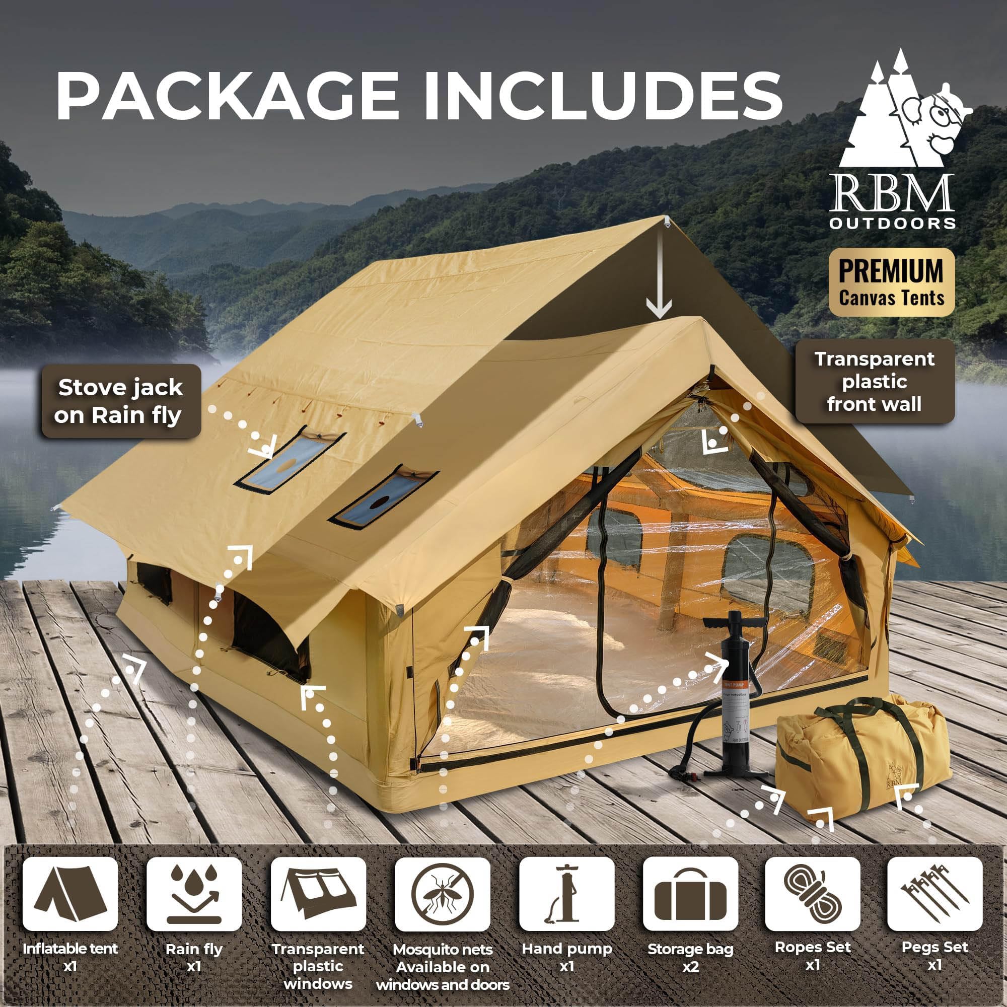 RBM Outdoors Panda Air Large Inflatable Canvas Camping Tent for 2–6 People – Air Beam Tent with Stove Jack, Fast Setup, Hand Pump Included, Beige
