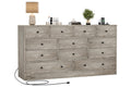 Hetoy 12 Drawer Wooden Dressers with Charging Station – Gray Wood Chest of Drawers for Bedroom, Closet, Living Room, 61" Wide TV Stand Dresser, Modern Storage Organizer for Nursery, Hallway