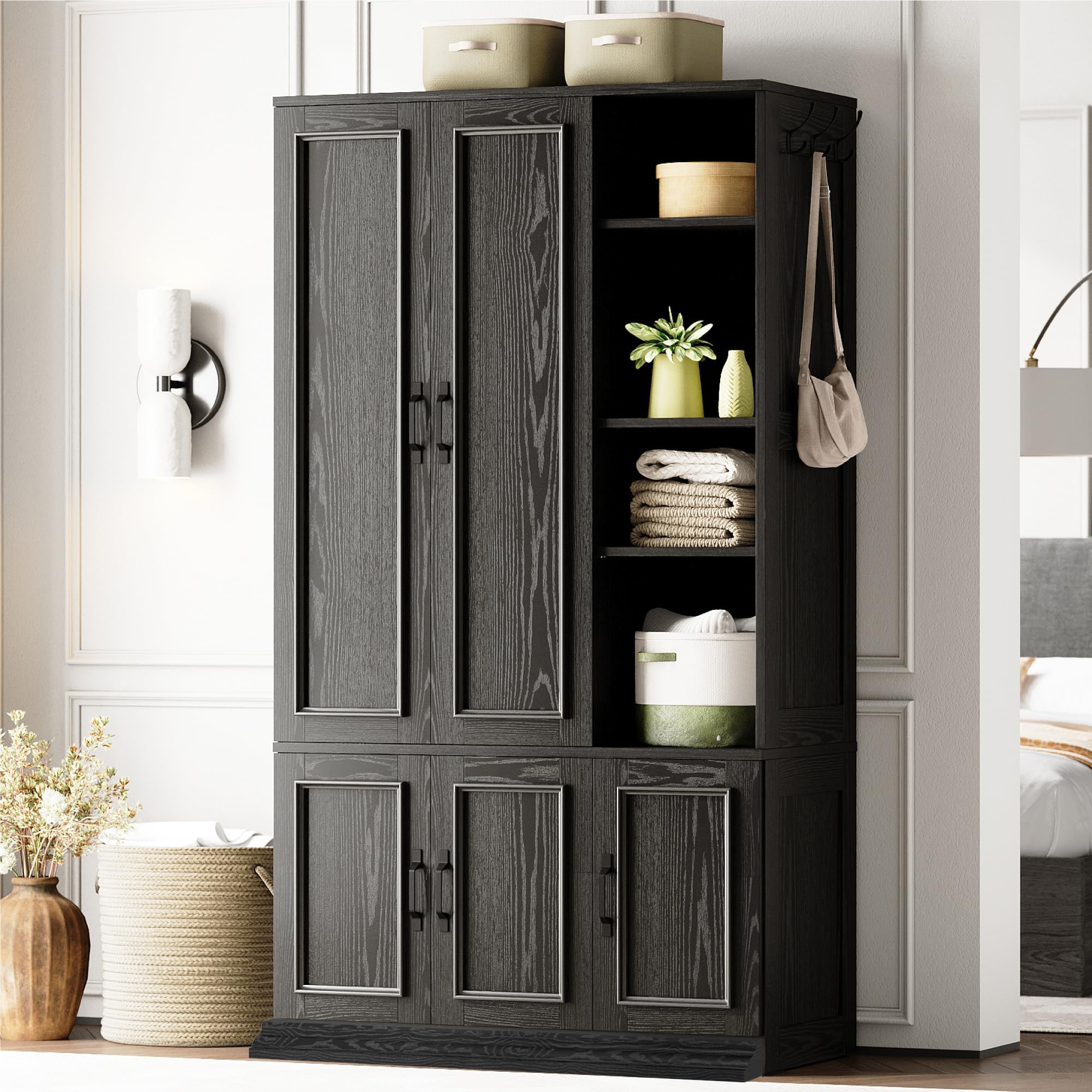 LIKIMIO Armoire Wardrobe Closet 70" H, 5 Doors Bedroom Wooden Wardrobe with 4 Storage Shelves and Hanging Rod, Clothing Storage Cabinet Organizer Combination, Black
