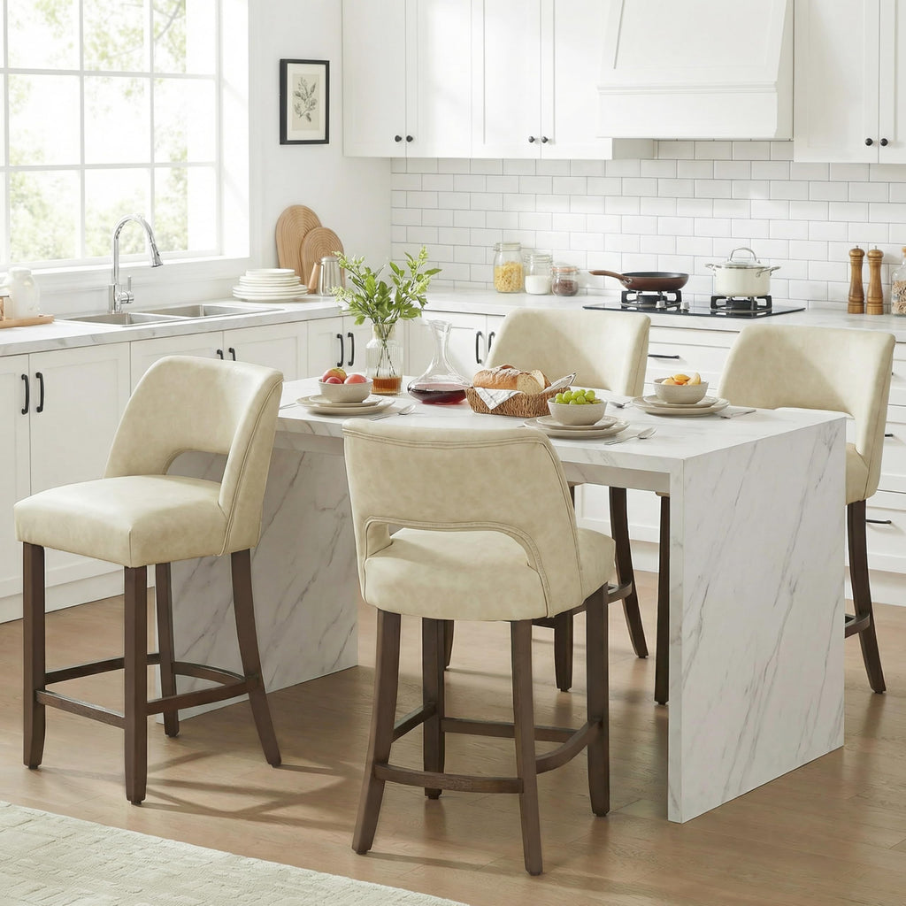 VKNOW 26" Bar Stools Set of 4, Faux Leather Counter Height Bar Stools with Backrest and Rubberwood Legs, Upholstered Barstools for Kitchen Island, Bar and Dining Room, Beige