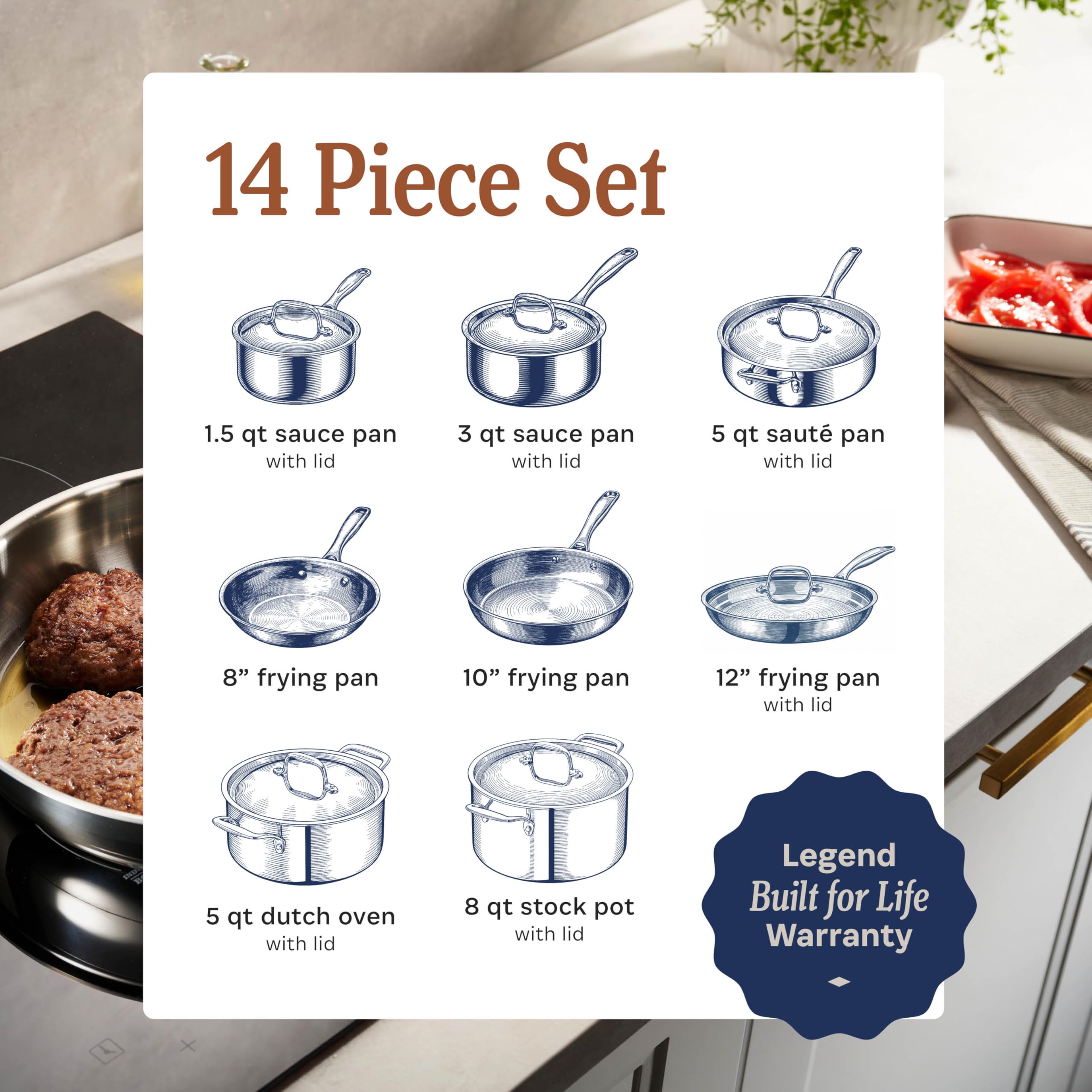 LEGEND COOKWARE 5-Ply Stainless Steel Cookware Set, 14-Piece Pots and Pans Set - Induction Compatible, Oven Safe 800°F - Non-Toxic, No Coatings - Built to Last Generations