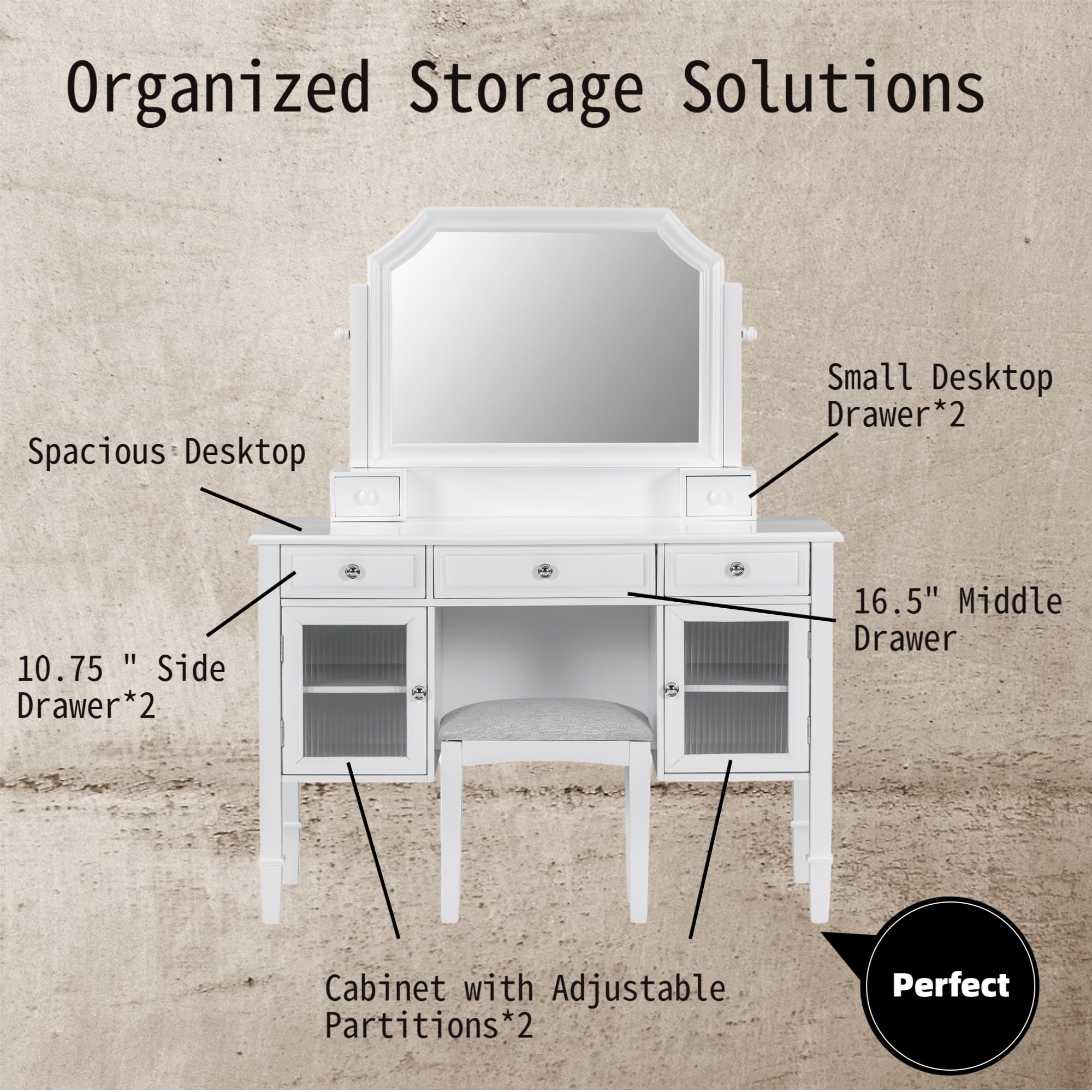 Merax Makeup Vanity Desk with Large Adjustable Mirror & Stool, Minimalist Dressing Table Set with 5 Drawers & 2 Cabinets, Space-Saving Beauty Station for Bedroom Salon Barber Store, White
