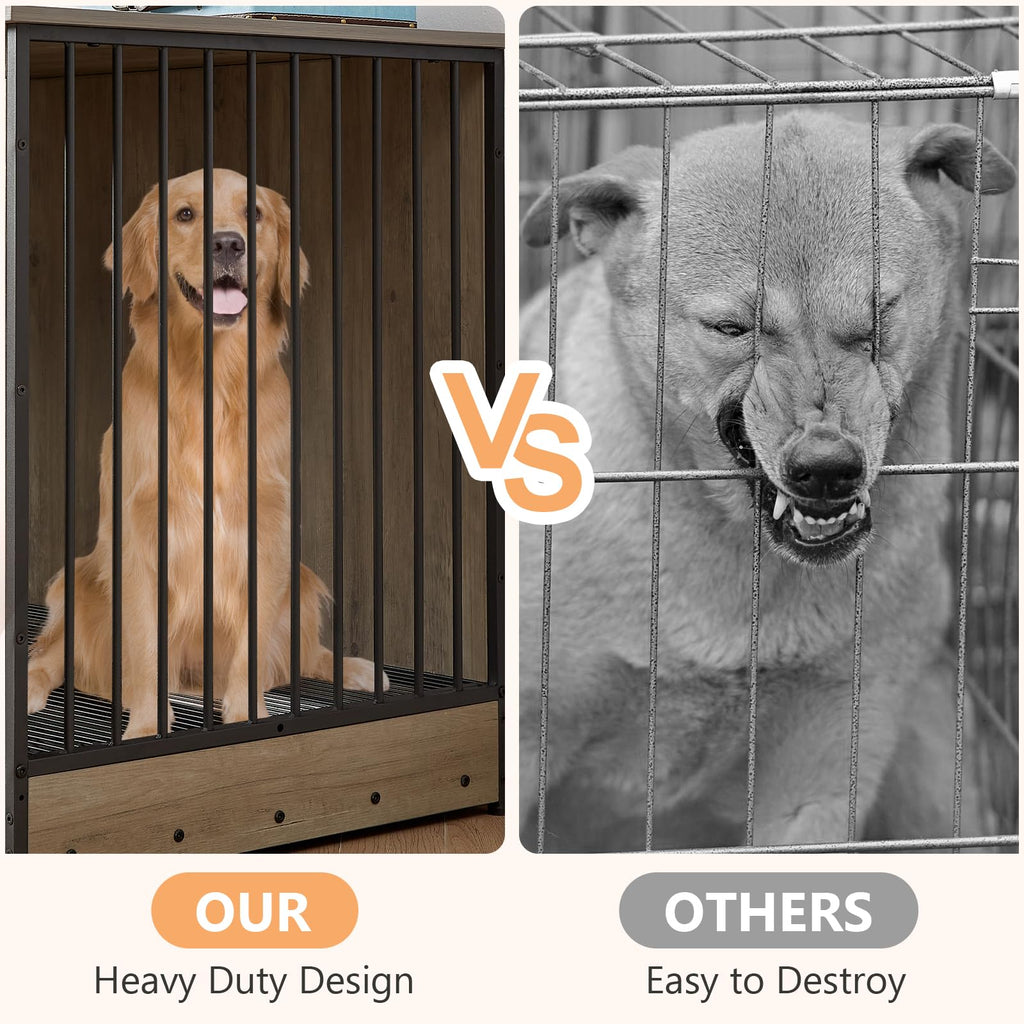 Rovibek 75 Inch Dog Crate Furniture for 2 Dogs, Wooden Dog Cage Furniture, Decorative Dog Kennels with Double Doors, Double Dog Kennel Furniture, Dog Crate TV Stand for Large Dogs, Grey