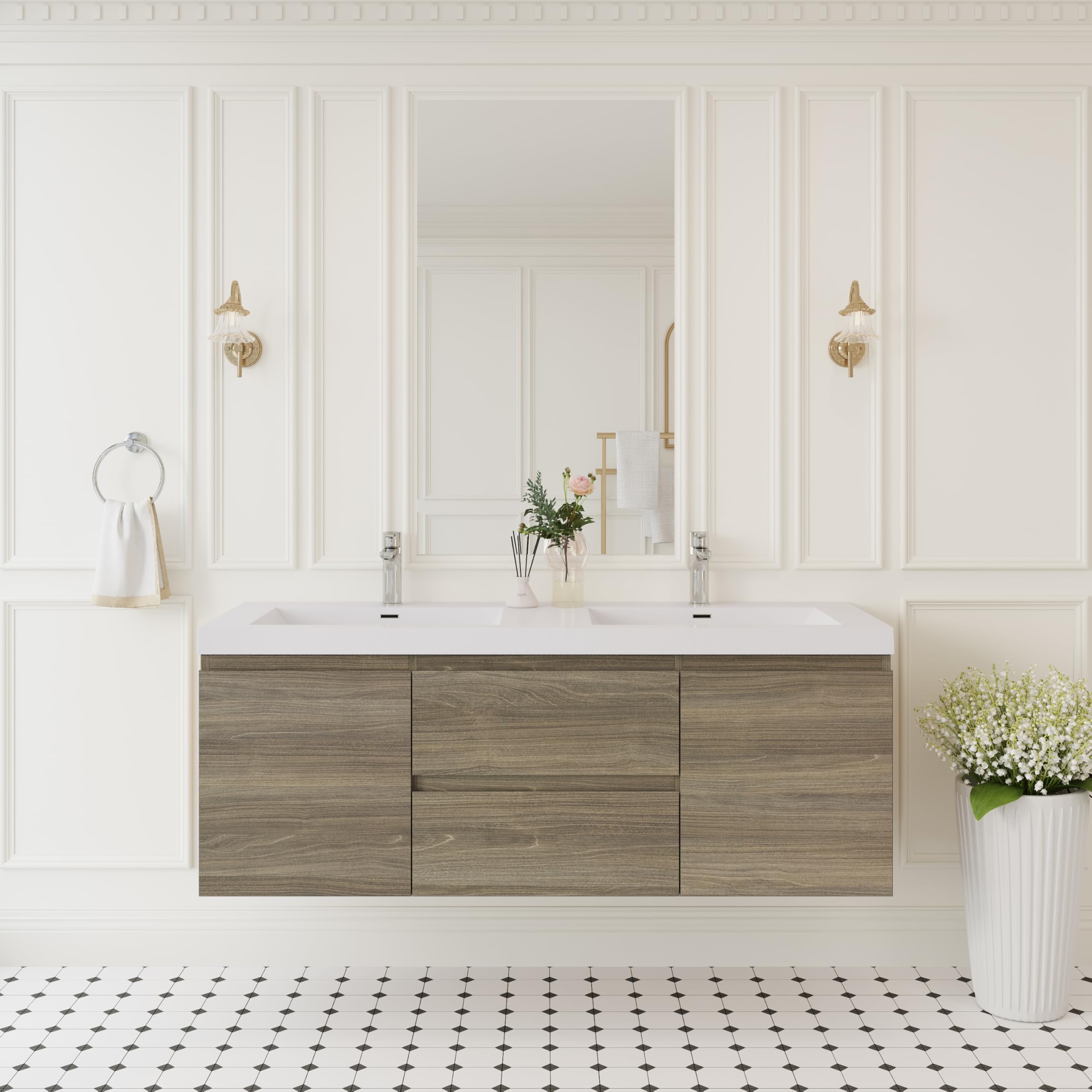 KEIKI 60'' Wall-Mounted Bathroom Vanity with Double Sinks - Floating Design, 2 Soft-Close Drawers & Doors & Resin Basin, Space-Saving for Small Bathrooms, Ash Grey