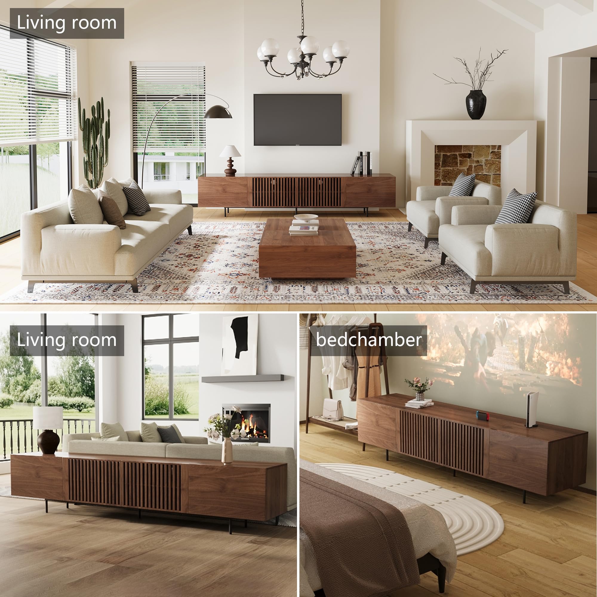 gaoyangjiaju 94.48" Mid Century Modern TV Stand for TVs up to 70"-90",Tv Console with 4 Storage Cabinets, Media Furniture for Living Room or Bedroom,Walnut