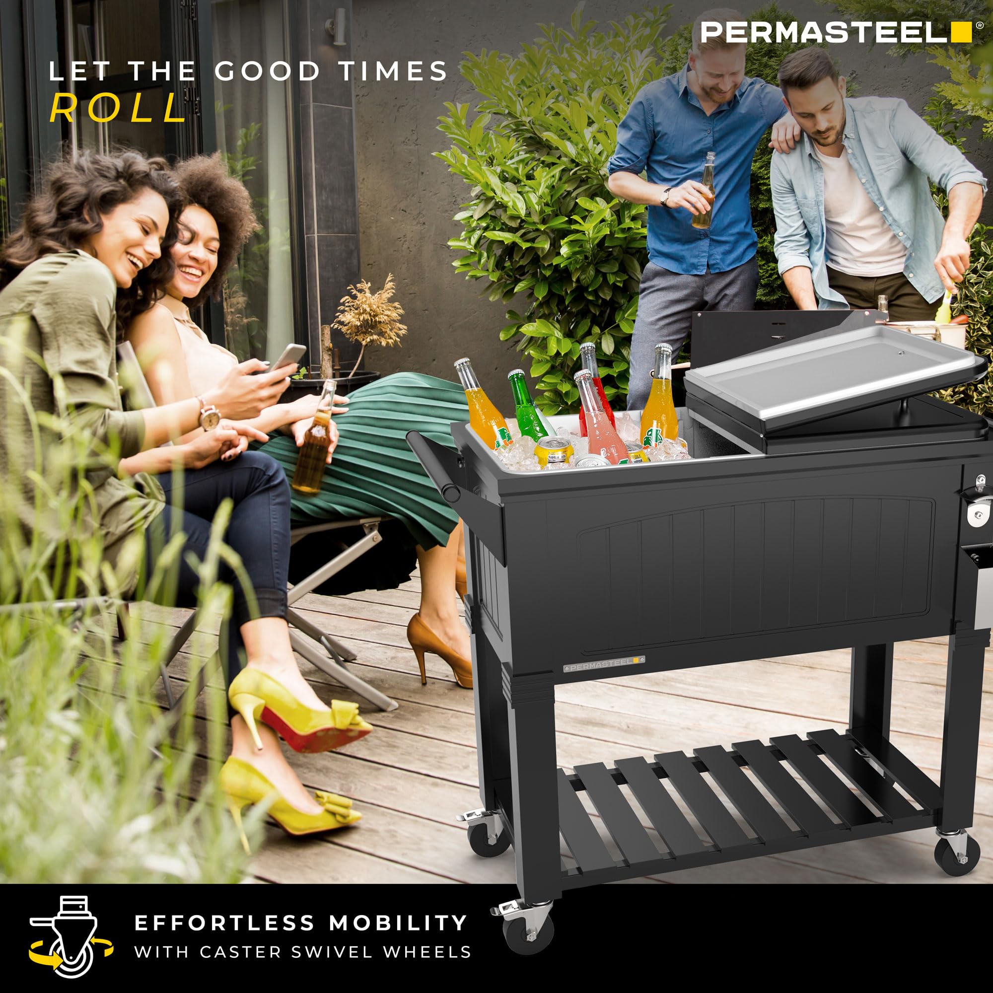 Permasteel Party Cooler with Divider, Spacious 80-Qt Capacity, Chills 36hrs, Serving Tray, Rolling Ice Chest for Indoor and Outdoor Entertainment, Matte Black