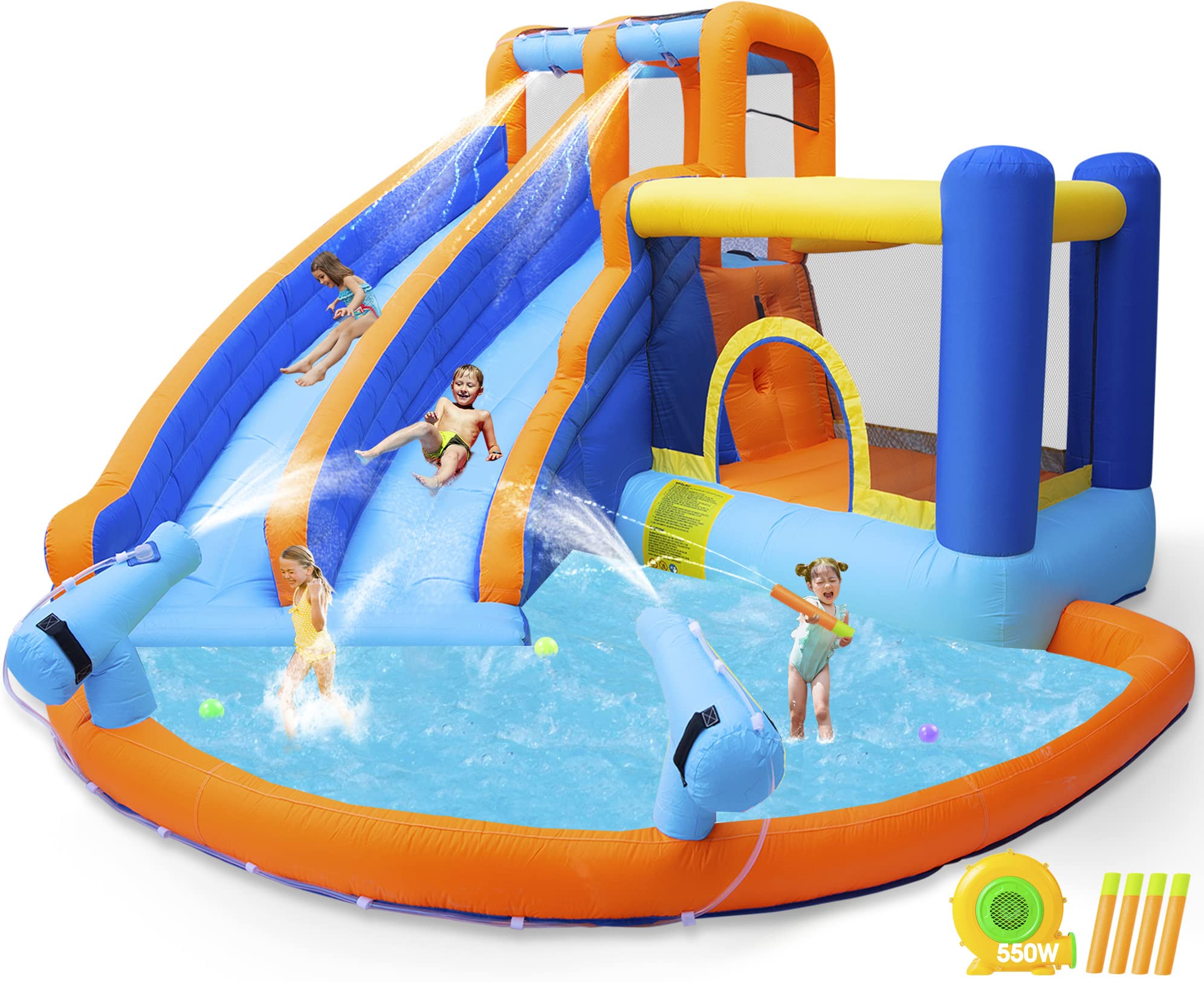 JOYLDIAS Inflatable Water Slide Bounce House,Giant Water Park, Double Slide Bouncer Castle w/Splash Pool, Jump Area, Climbing Wall, 550W Air Blower for Kids Backyard Indoor Outdoor Use,Free Water Gun