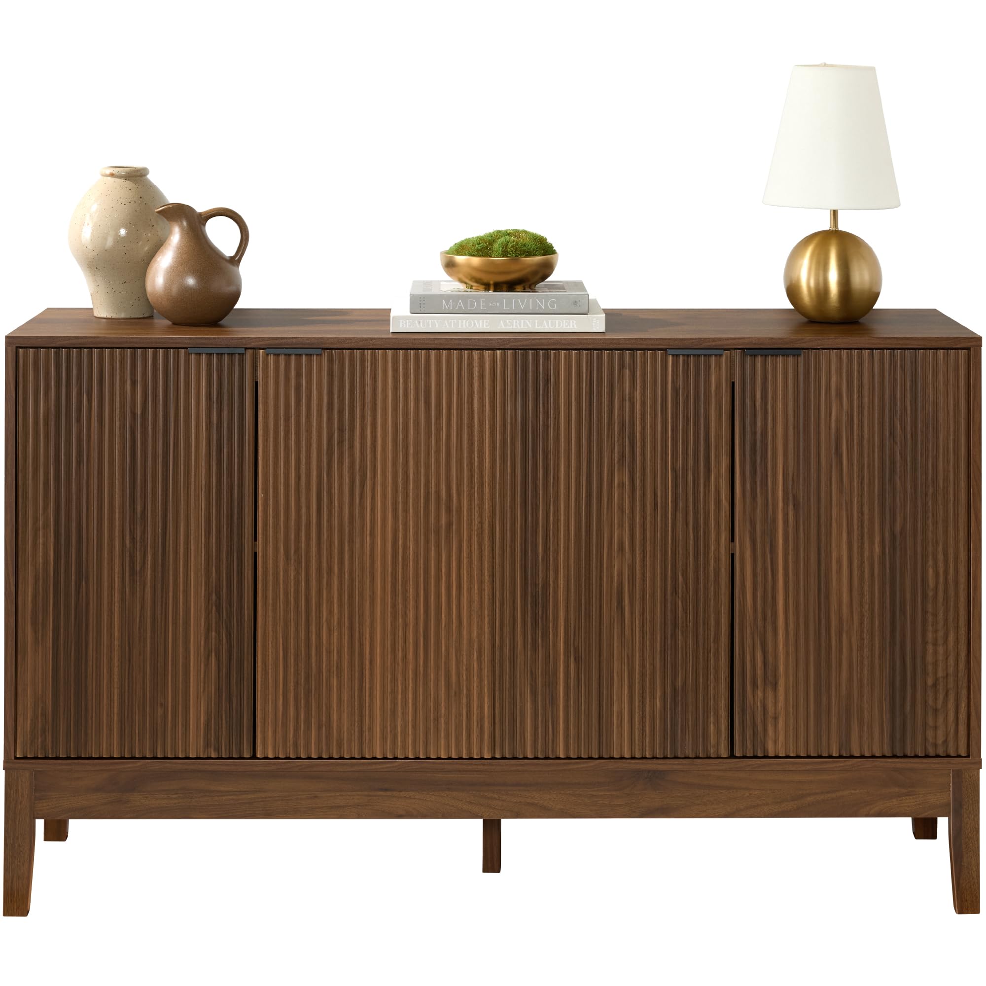 Best Choice Products 55" Modern 4-Door Sideboard Storage Cabinet, Buffet, Media Cabinet, Cupboard, Entryway Accent Table, Bookcase w/Reed Panels and Adjustable Shelves – Walnut