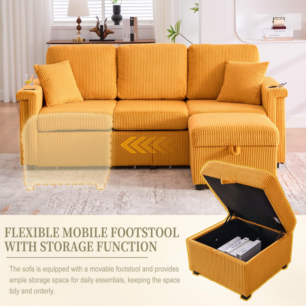 KEIKI 76" L-Shaped Modular Corduroy Sectional Sofa with Pull-Out Bed & 1 Movable Storage Ottoman & 2 Cup Holder & USB, Convertible 4-Seater Sleeper Couch Bed, Easy Assembly, for Living Room, Yellow