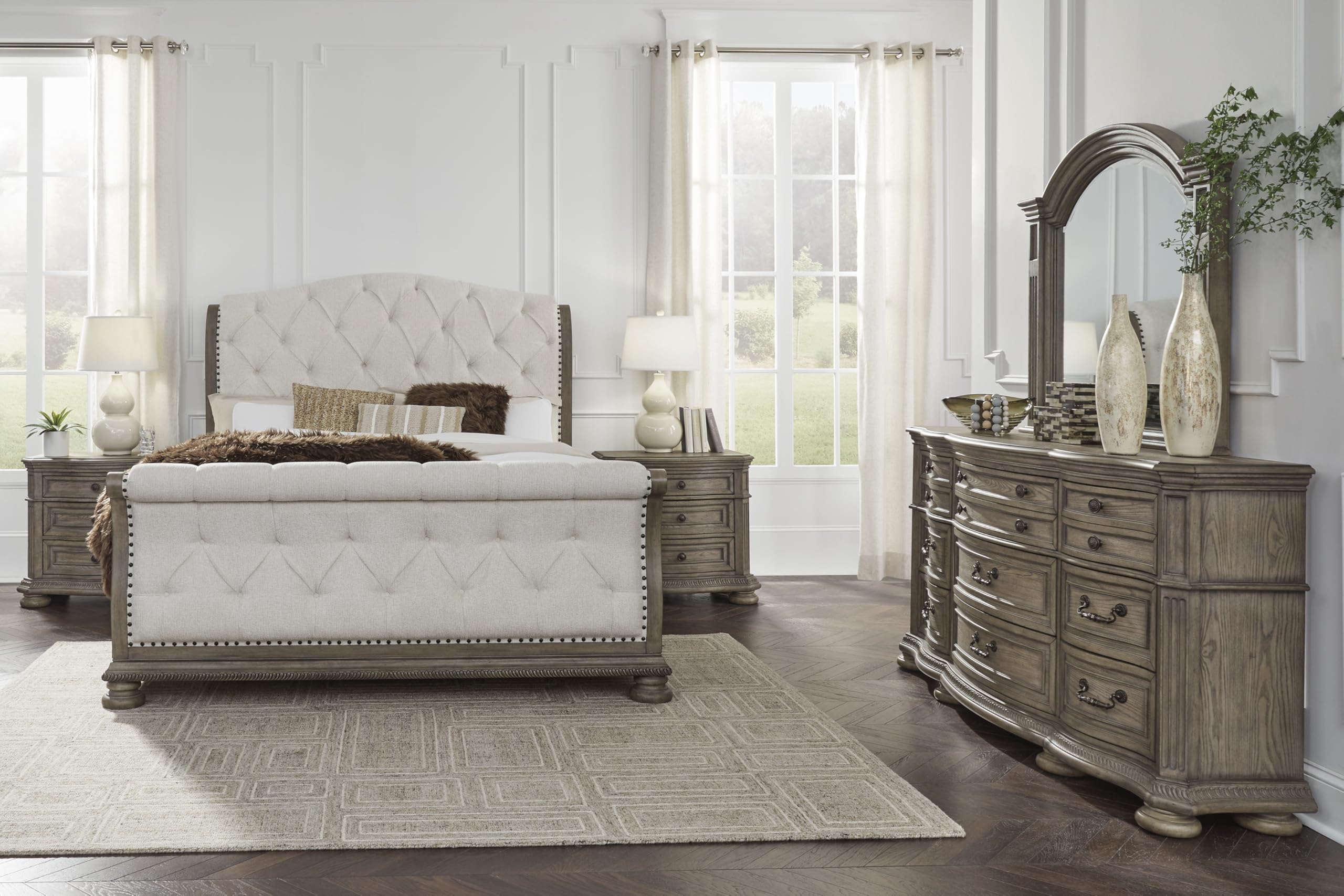 Signature Design by Ashley Ardenfield Traditional Nine-Drawer Dresser with Dovetail Construction, Top Drawers Felt Lined, Metal Hardware, Wood, Light Brown