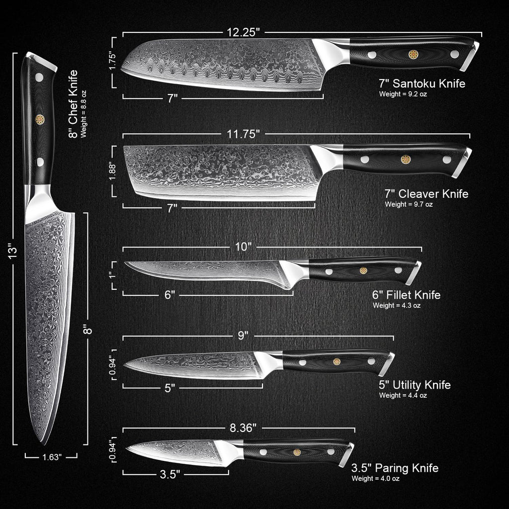 SENKEN 6-Piece Damascus Steel Kitchen Knife Set - Shogun Collection - 67-Layer Japanese VG10 Steel - Chef's Knife, Cleaver Knife, & More, Extremely Sharp Blades for Effortless Cutting, Luxury Gift Box