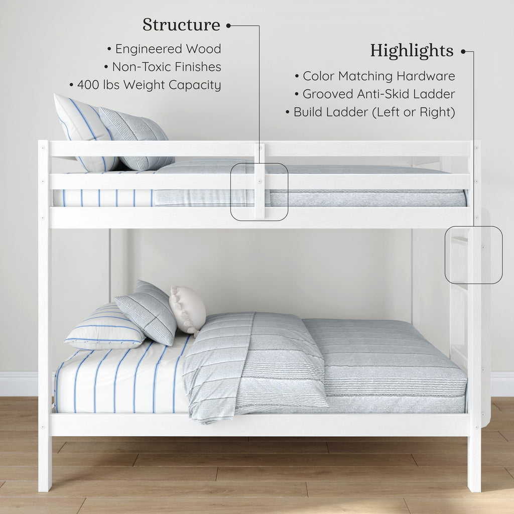 Grain & Grove Bear Twin Over Twin Bunk Bed, Sturdy Bunk Bed Frame for Kids, Plywood Bunk with Ladder, Guardrail, and Slats, No Box Spring Required, Brushed White