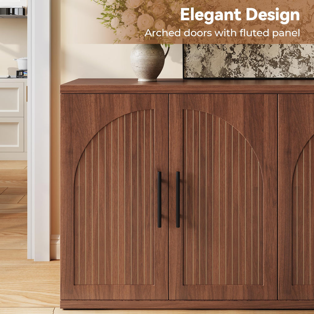 MapleGrace 63" Fluted Buffet Cabinet with Storage, Mid-Century Symmetrical Arched Sideboard Credenza with Adjustable Shelf, Large Wood Console Table for Dining Room, Kitchen, and Living Room (Walnut)