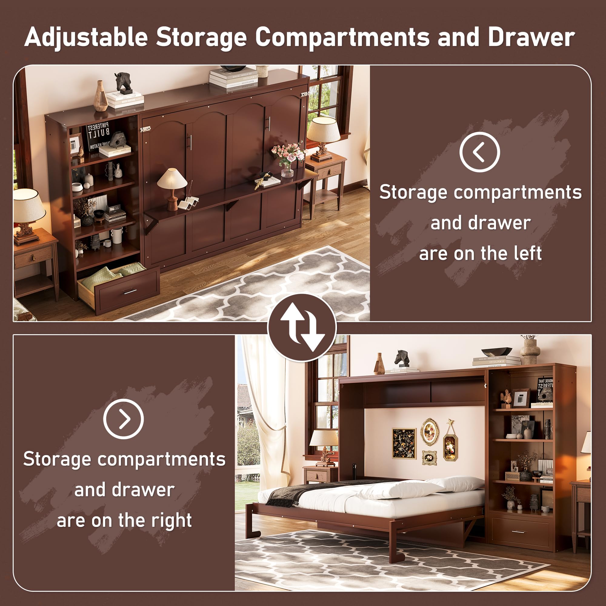 Merax Queen Murphy Bed with 3 Height Adjustable Storage Shelves & 1 Drawer, Wall Bed Frame Multifunctional Foldable Platform Bed for Small Space, Bedroom, Guest Room, Bear 500LBS (Walnut)
