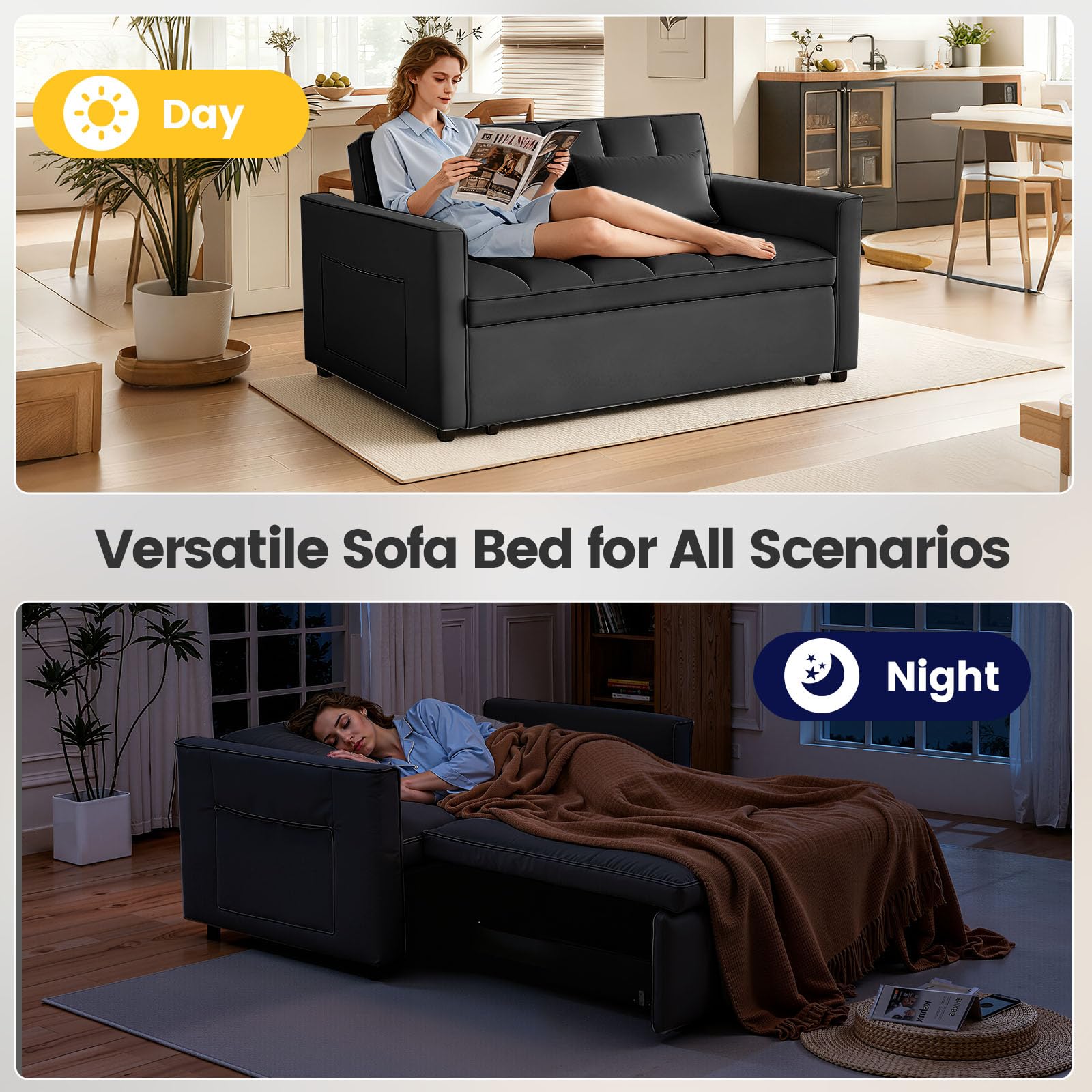 Trygoal 3 in 1 Convertible Sofa Bed, Love Seat Sleeper Bed with Side Pockets, Velvet Fabric Pull Out Couch with Adjustable Backrest for Living Room, Bedroom, Apartment, Black