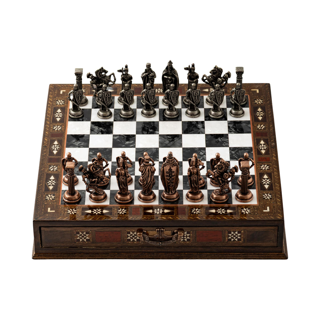 15’’ Handmade Wooden Chess Set with British Army Metal Pieces – Luxury Storage Board – Gift for Adults, Fathers & Collectors, Gift for Him (Black)