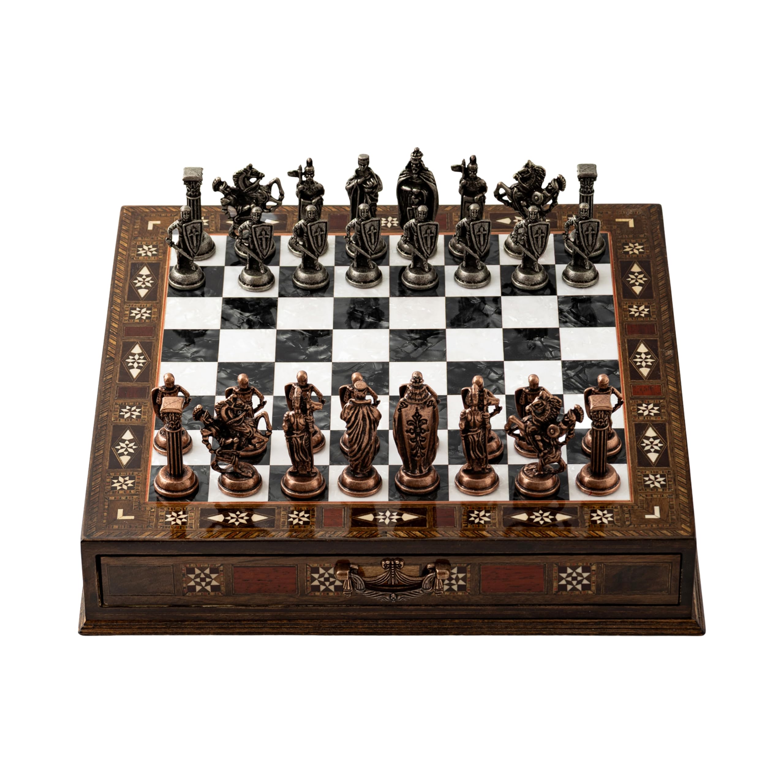 15’’ Handmade Wooden Chess Set with British Army Metal Pieces – Luxury Storage Board – Gift for Adults, Fathers & Collectors, Gift for Him (Black)