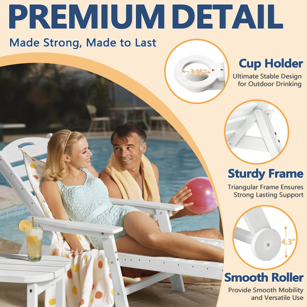 Patio Chaise Lounge Chair Set of 2, HDPE Outdoor Lounge Chairs with 5-Position Adjustable Backrest, Cup Holder and Wheels, 450lbs Capacity for Poolside Deck Backyard, All Weather Material(Gray)