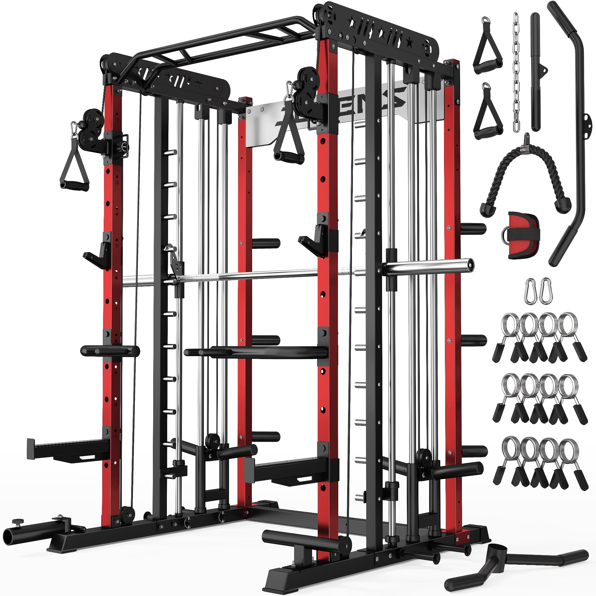 JELENS Smith Machine for Home Gym, Multi-Function M12 Power Cage, Squat Rack with Smith Bar and More Attachment (Red, M12 Smith Machine)