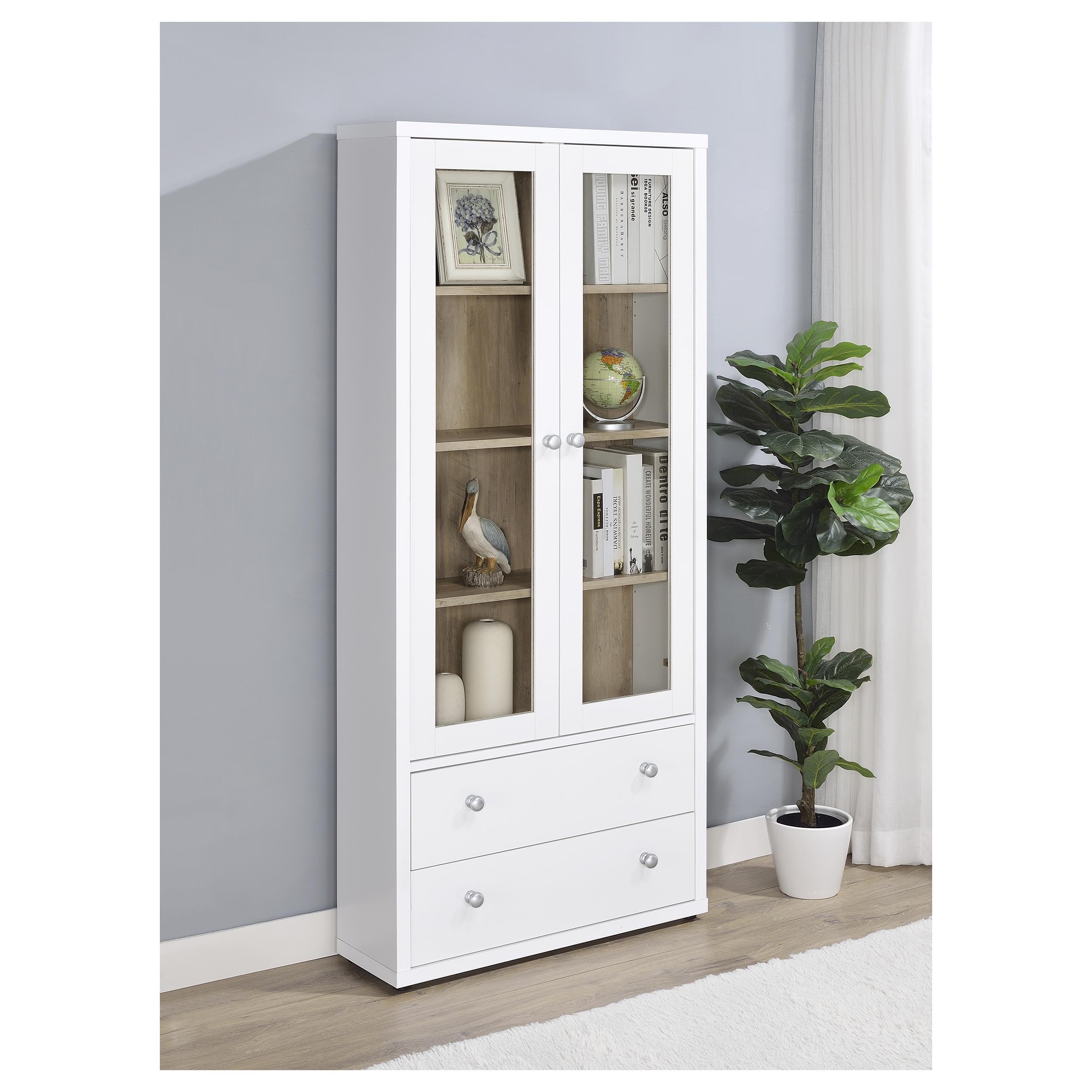 Coaster Home Furnishings - Hawthorne - 4-Shelf Tall Wood Accent Cabinet with Glass Doors, Drawers - Farmhouse Style - Living Room, Entryway & Home Kitchen - White - 953477
