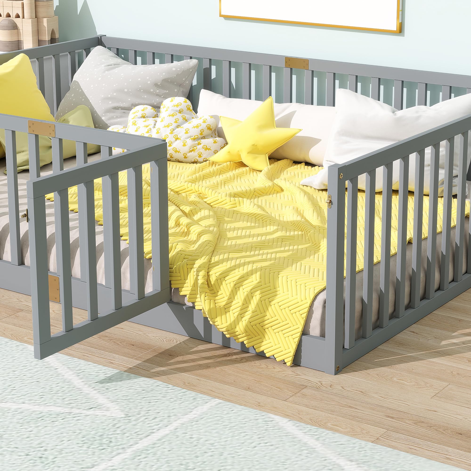 KEIKI Full Floor Bed Frame with High Fence Guardrail, Solid Wood Montessori Kids Bed, Pine Wood Platform Floor Bed with Storage Racks, White