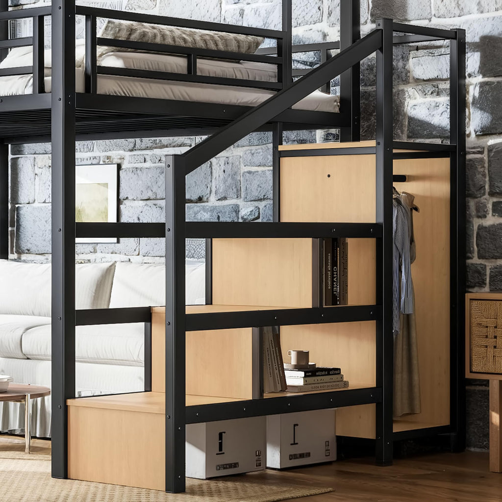 KEIKI Queen Size Metal Loft Bed Frame with with Canopy Frame & Storage Staircase & Wardrobe, Modern Loft Bed with Solid Slats & Guardrail, No Box Spring Required, Easy Assembly, for Bedroom, Black