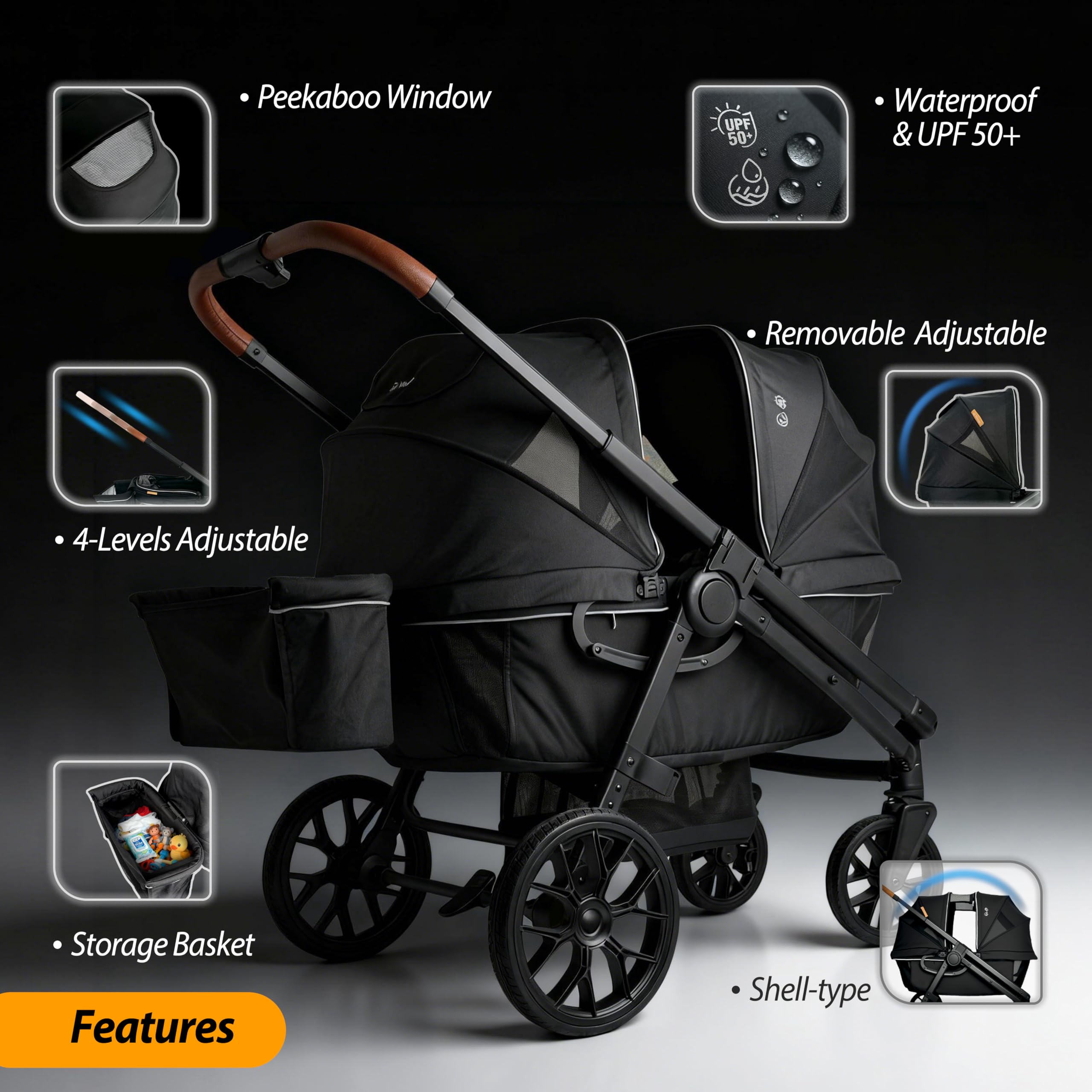 Wagon Stroller for 2 Kids, All-Terrain with Removable UV-Protection Canopy, Adjustable Push/Pull Handle, Snack Tray & Cup Holders, Perfect for Baby and Toddler（Khaki）