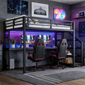 Bellemave Queen Loft Bed with Desk & Storage Stairs, Metal Queen Size Loft Bed Frame with Iron Nets, LED Lights & USB Ports, Heavy Duty Adult LoftBed for Bedroom, Noise-Free, Black Wood