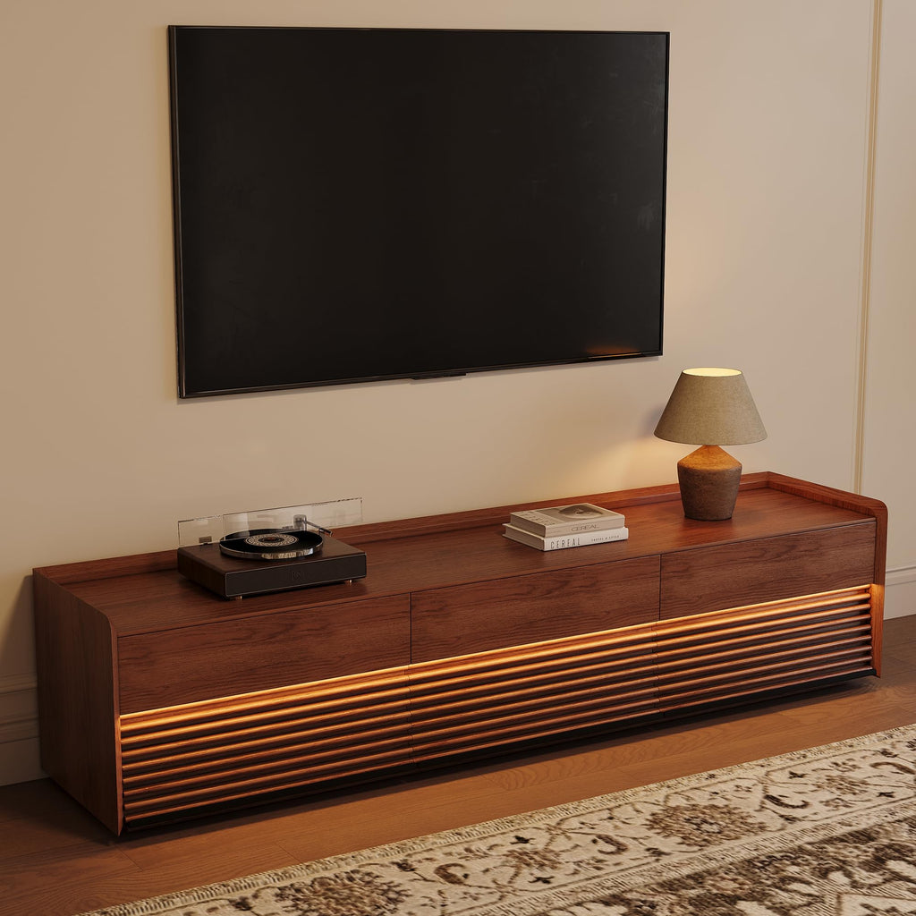 POVISON Fully-Assembled Mid Century Modern TV Stand, 78.74" Wood Media Console with Adjustable LED Light, Entertainment Center with Storage for Living Room