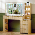 GRUTEUNIT 51" Vanity Desk with Power Outlet, Makeup Vanity with Mirror and Lights, 3 Lighting Modes, Vanity Table with Glass Top, 5 Drawers, and Jewelry Storage,Oak