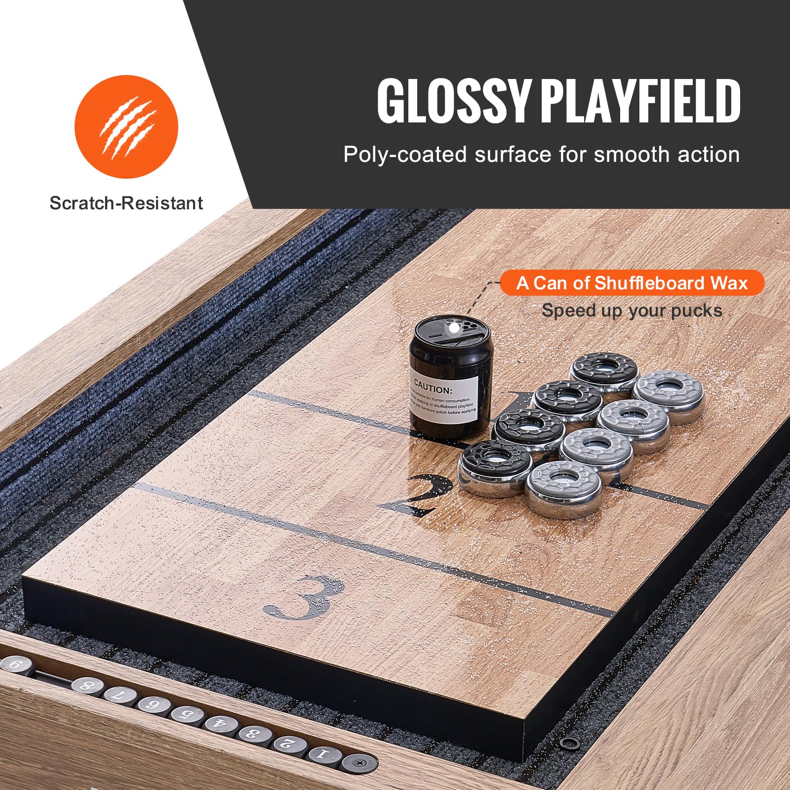 VEVOR Shuffleboard Table, 9 ft Shuffleboard for Family Game Rooms, 2 in 1 Shuffleboard and Bowling Combo Game Set, with Scratch-Resistant Playfield, Legs, 8 Pucks, Bowling Set, Wax, and Table Brush