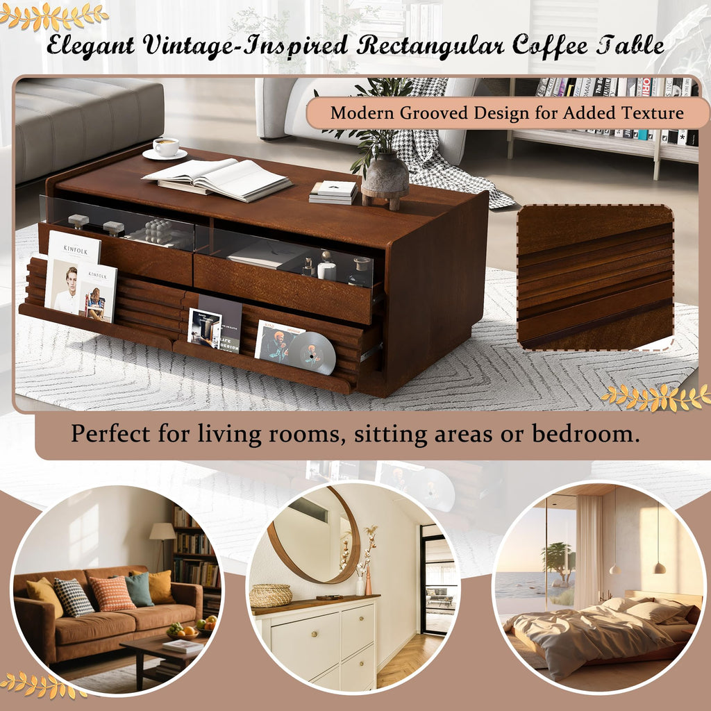 Merax Modern 47.2" Rectangle Coffee Table with 4 Drawers and 2 Display Shelves, Wood Fluted Style Center Tables w/Tempered Glass for Living Room Reception Room, Brown