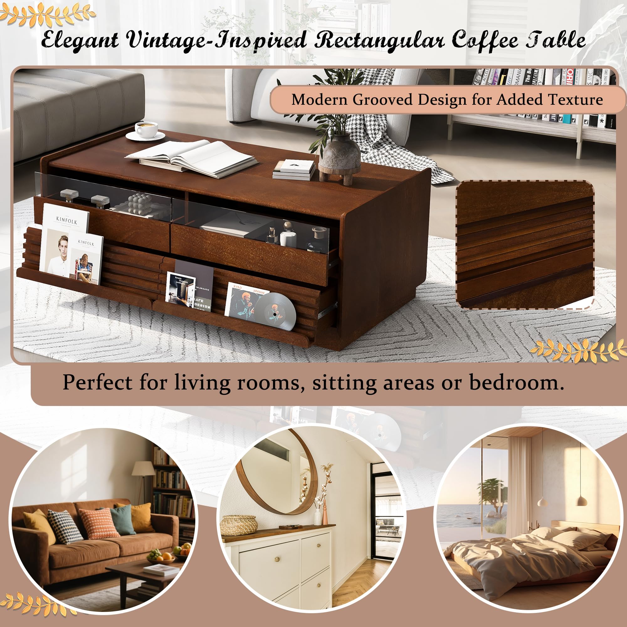 Merax Modern 47.2" Rectangle Coffee Table with 4 Drawers and 2 Display Shelves, Wood Fluted Style Center Tables w/Tempered Glass for Living Room Reception Room, Brown