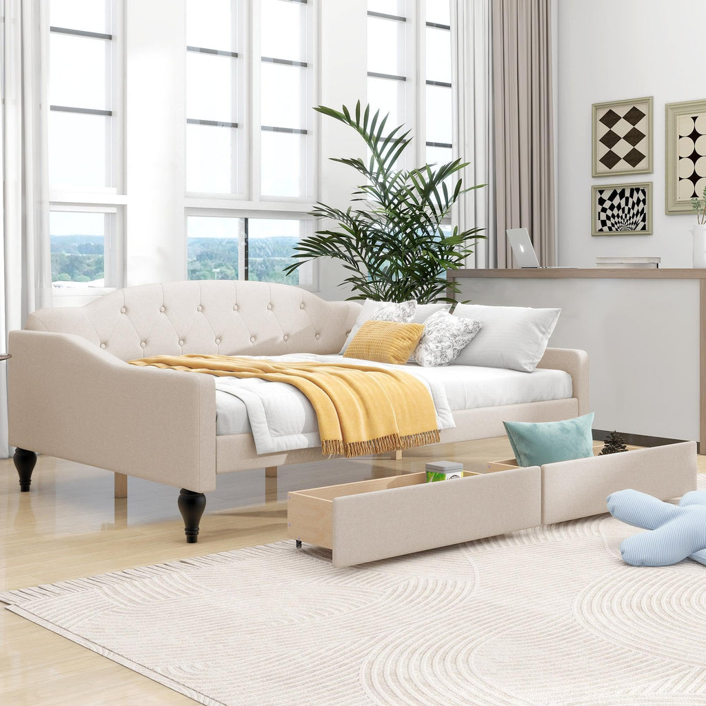 GDFStudio Full Size Upholstered Tufted Daybed with Two Storage Drawers – Linen Fabric, Solid Wood Frame, Space-Saving Design, Beige