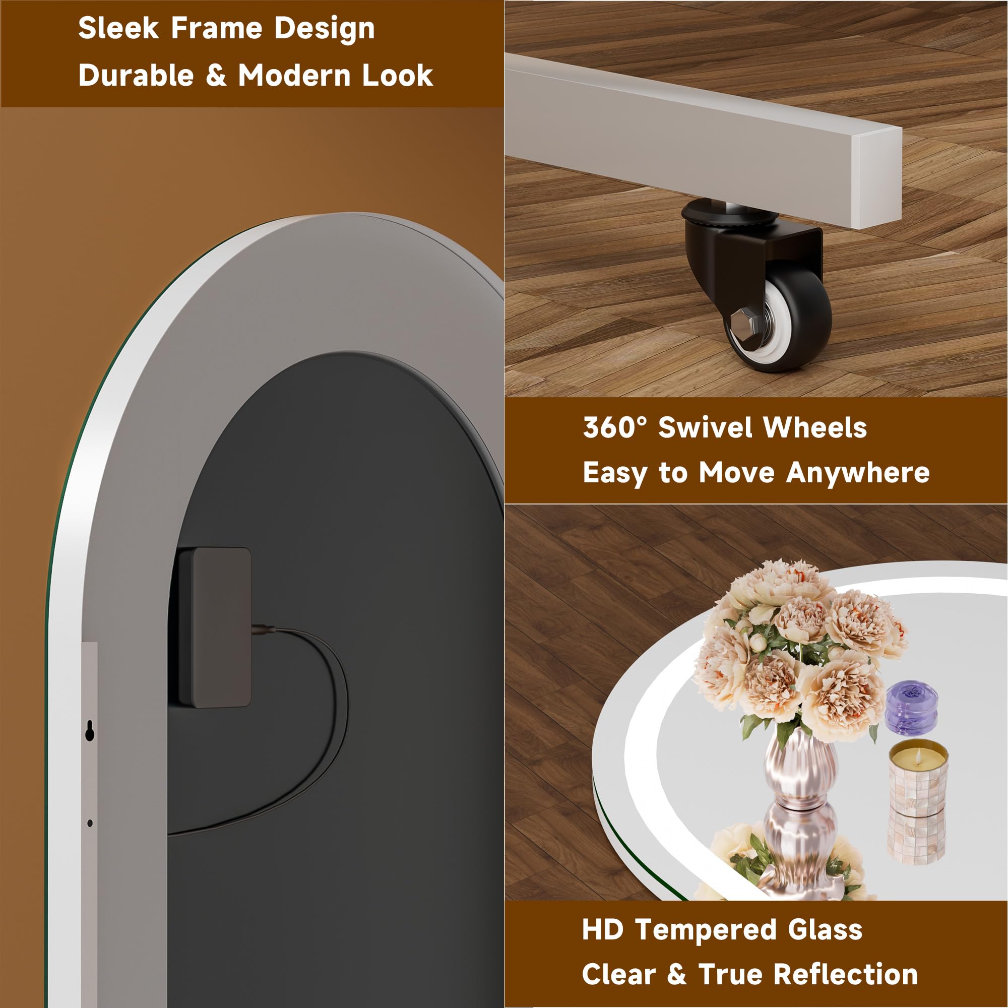Hasipu 67" x 40" Arched LED Rolling Gym Mirror with Wheels, Dimmable Lighted Body Mirror with 3 Color Temperatures & Adjustable Brightness for Bedroom, Yoga Studio & Home Gym