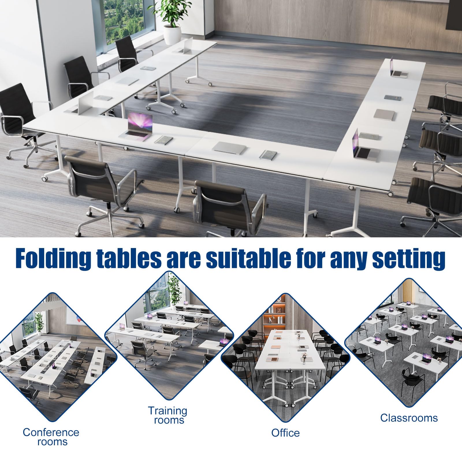 Modular Folding Conference Room Table with Wheels - 4 Pack Flip Top Mobile Training Table,Modern Meeting Tables 2-30 Person,White,55.1"x21.6"x29.5"