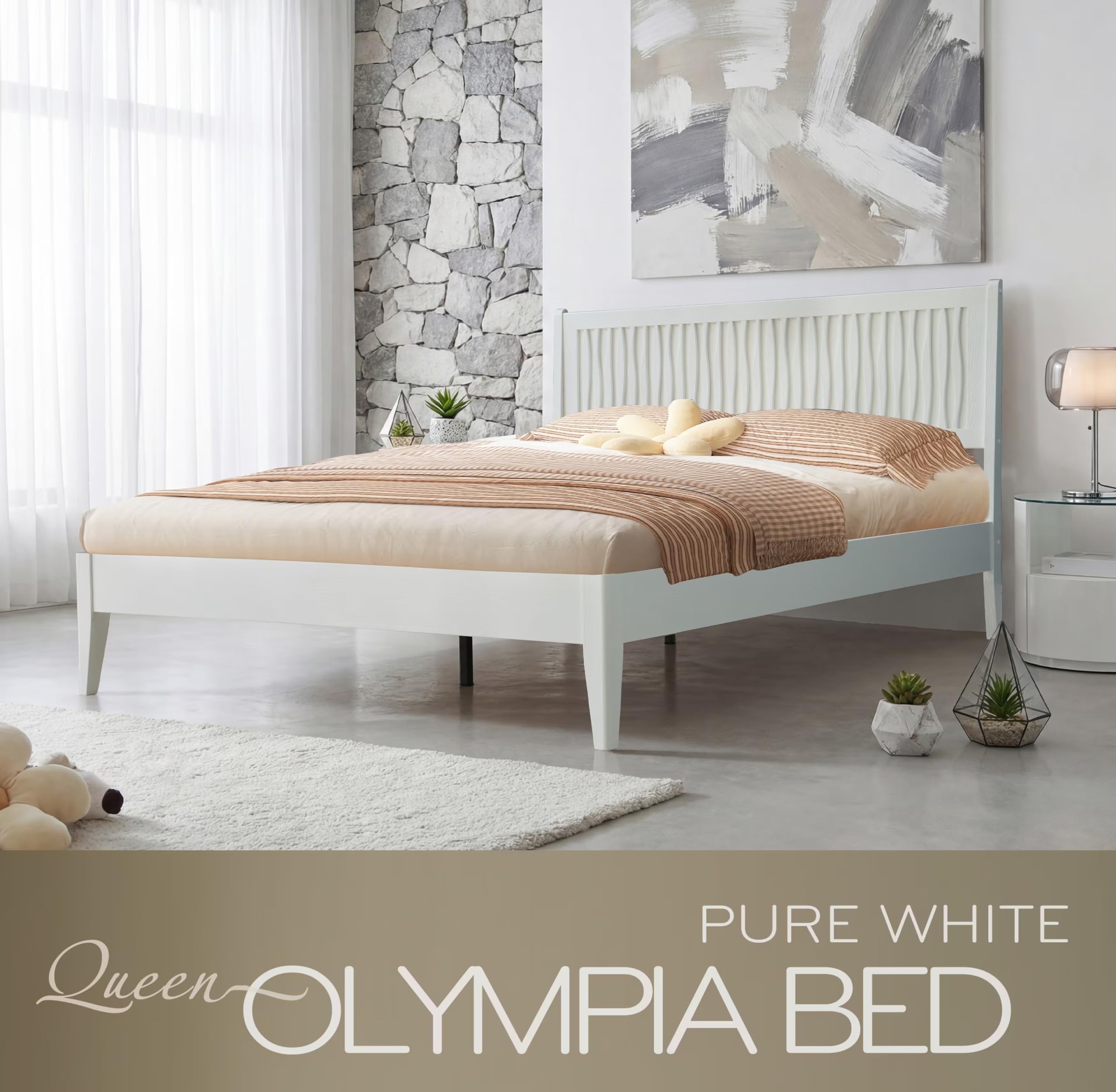 Queen Size Solid Wood Platform Bed Frame with Headboard and Footboard, Noise-Free & Anti-Slip Design, Center Metal Legs, 12 Heavy-Duty Slats, No Box Spring Needed, Pure White Finish, OLQ-39