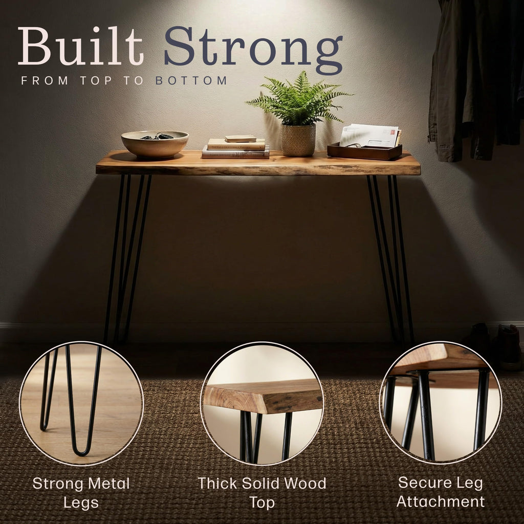Alaterre Furniture Live Edge Wood Console Table with Hairpin Metal Legs – Rustic Solid Wood Sofa Table, Narrow Entryway Hallway Table, Industrial Farmhouse Media Console for Living Room (48 Inch)