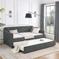 KEIKI Twin Size Upholstery Daybed with Twin Size Trundle and Headboard, Mid-Century Style Tufted Sofa Bed with Waved Arms, Easy Assembly, No Box Spring Required, for Living Room, Grey