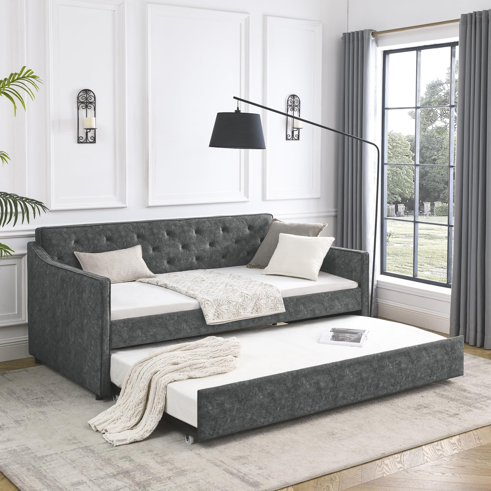 KEIKI Twin Size Upholstery Daybed with Twin Size Trundle and Headboard, Mid-Century Style Tufted Sofa Bed with Waved Arms, Easy Assembly, No Box Spring Required, for Living Room, Grey