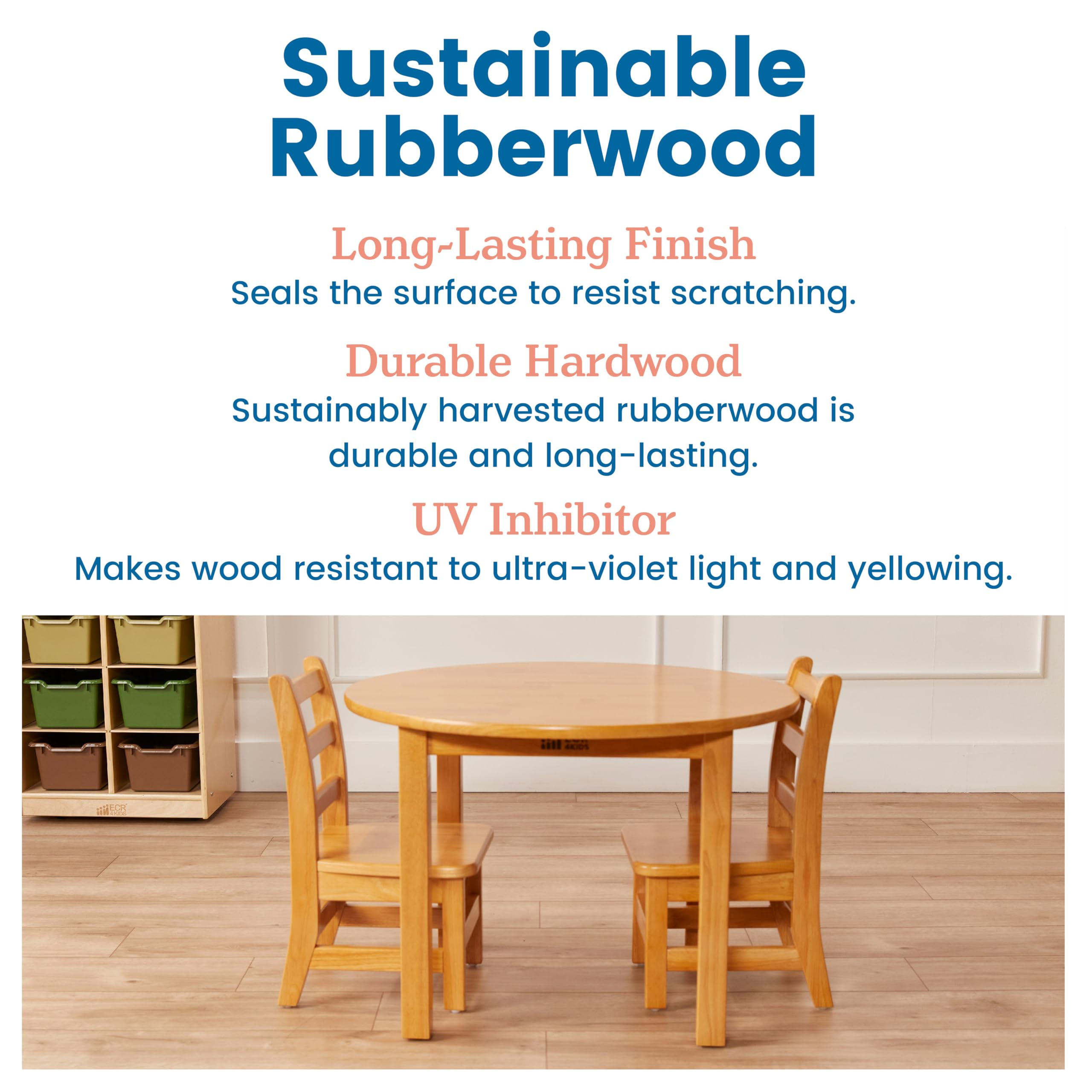 ECR4Kids 30in D Round Hardwood Table with 20in Legs and Two 10in Chairs, Kids Furniture, Honey, 3-Piece