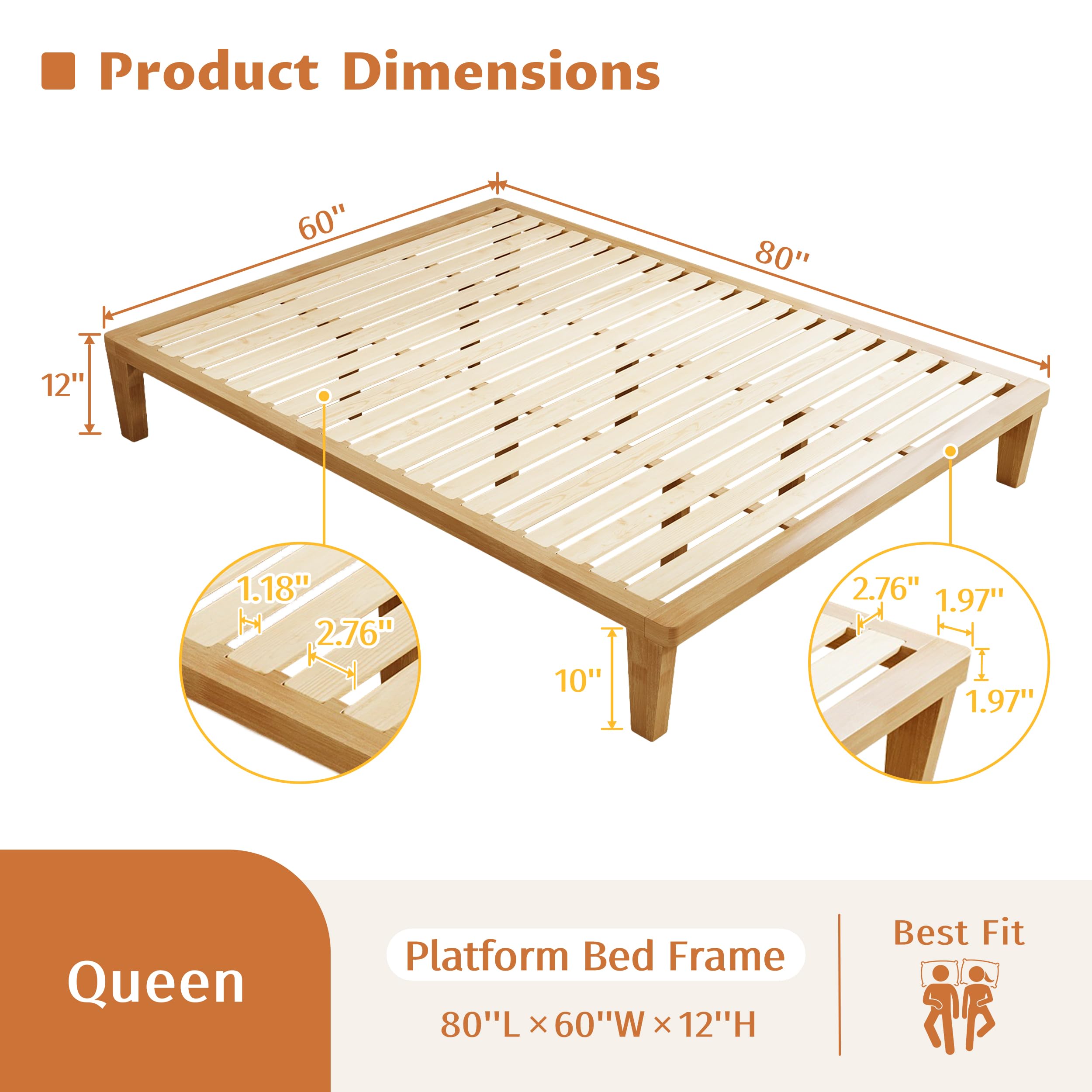 IOTXY Queen Platform Bed Frame - 12 Inch Solid Wood Mattress Foundation Base with Heavy-Duty Support Slats & Legs, Rubberwood Queen-Size Bedframe