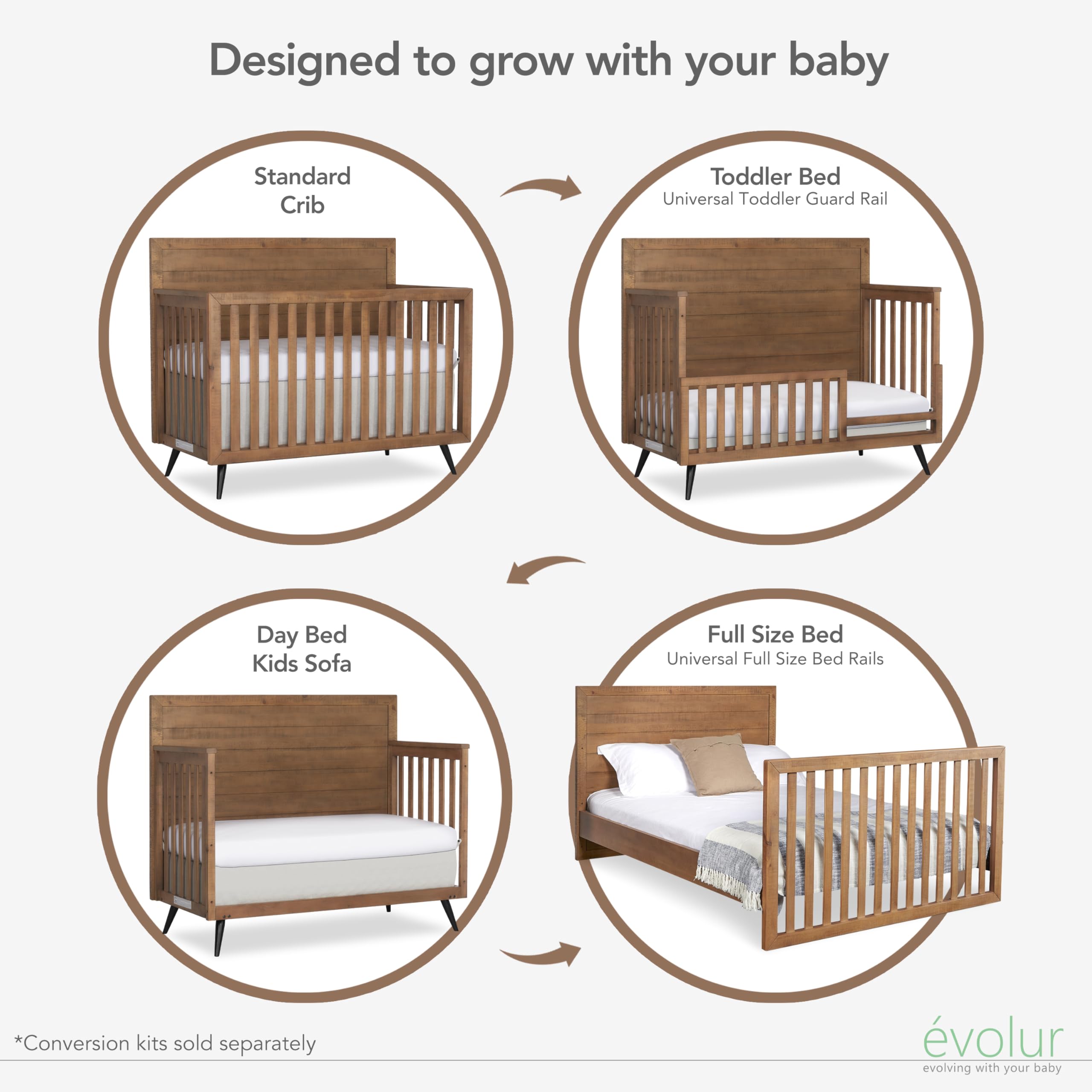 Evolur Stilnovo Mid-Century 4-in-1 Convertible Crib in Sugarcane – Greenguard Gold Certified, Solid Wood Construction, 3 Mattress Heights – Converts to Toddler, Daybed & Full-Size Bed